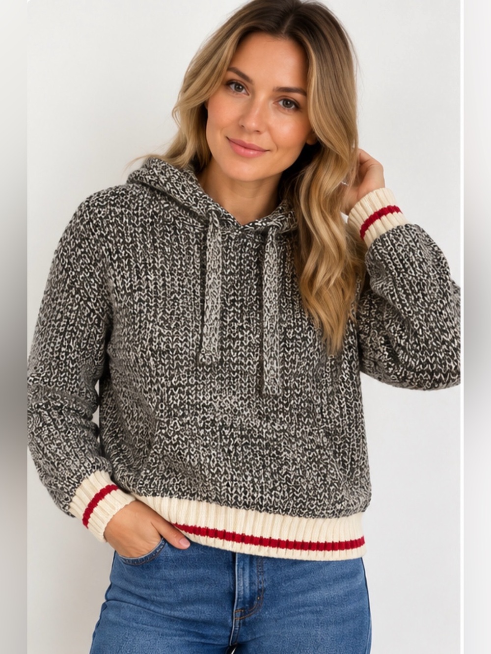 Roots Genuine Cabin Collection Marled Knit Hoodie Grey Red Size M Style 02894